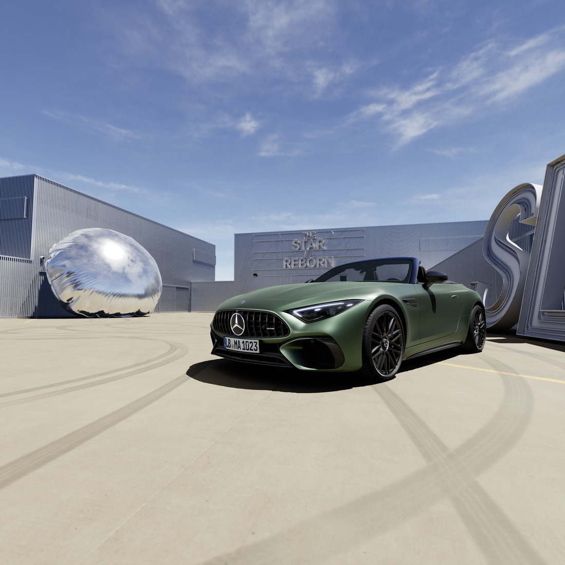 Grön Mercedes-AMG SL 63 S E PERFORMANCE sedd snett framifrån