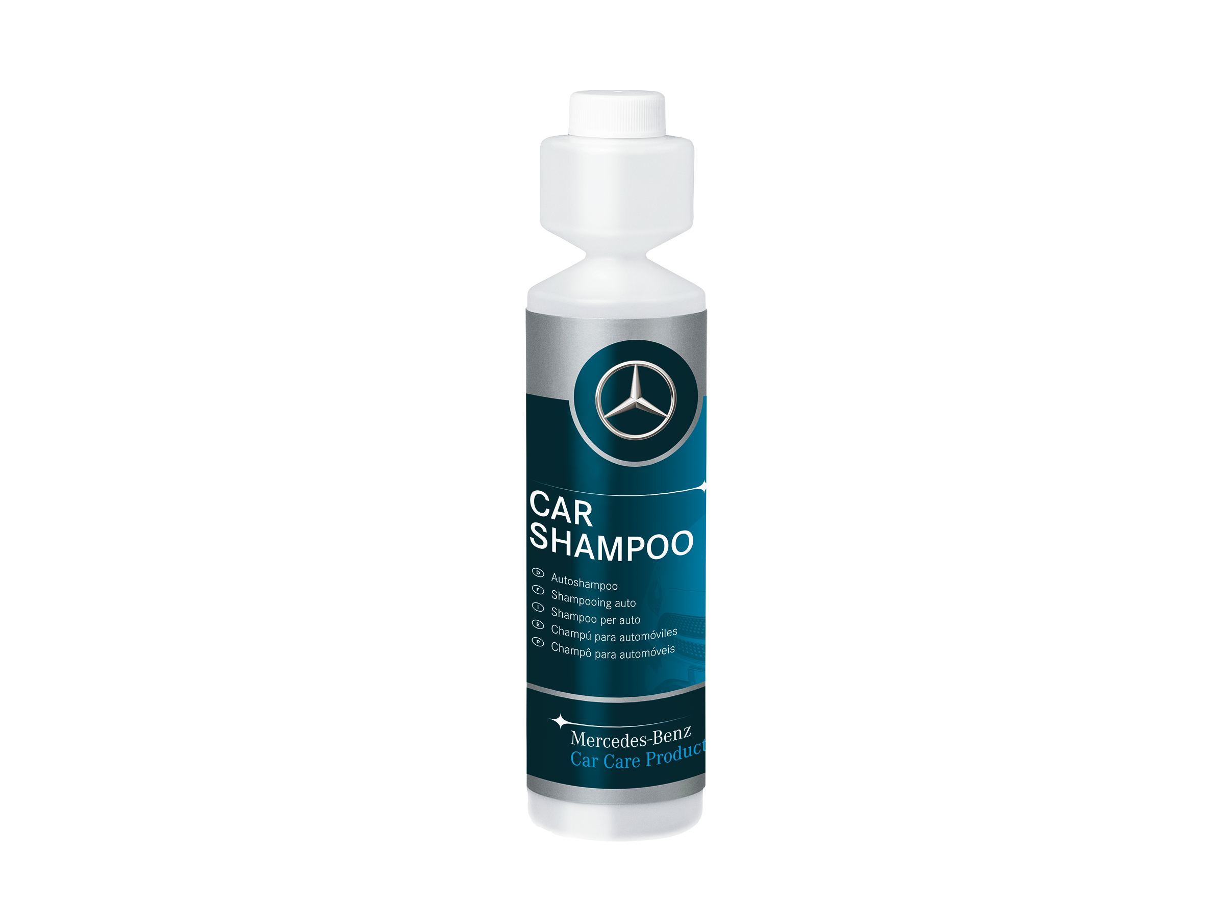 Mercedes-Benz bilshampoo i flaska med Mercedes-benz stjärna på.