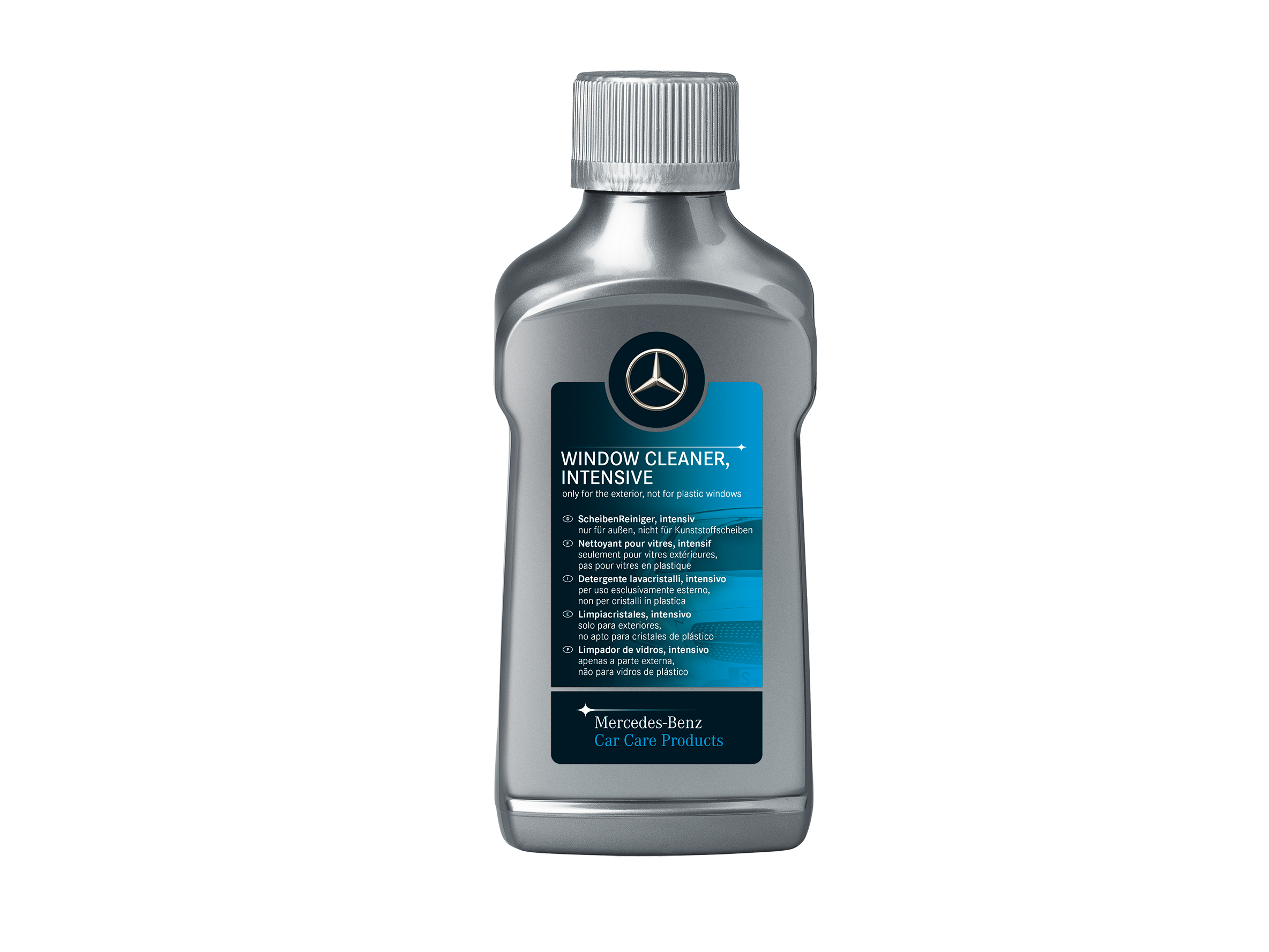 Mercedes-Benz original fönsterrengöringsmedel i silvrig plastflaska.