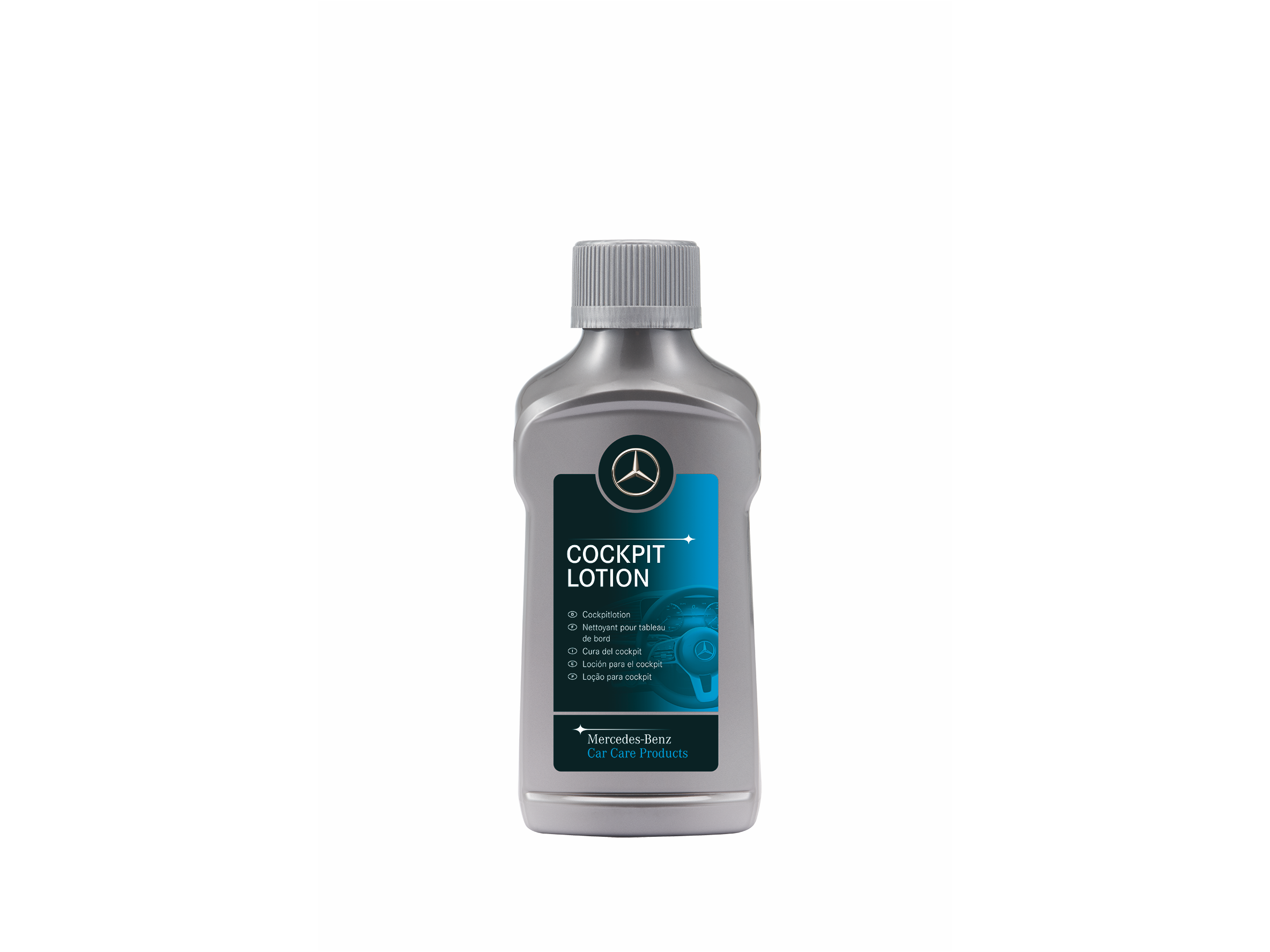 Mercedes-Benz lotion för förarplatsen i flaska med Mercedes-Benz stjärna på.