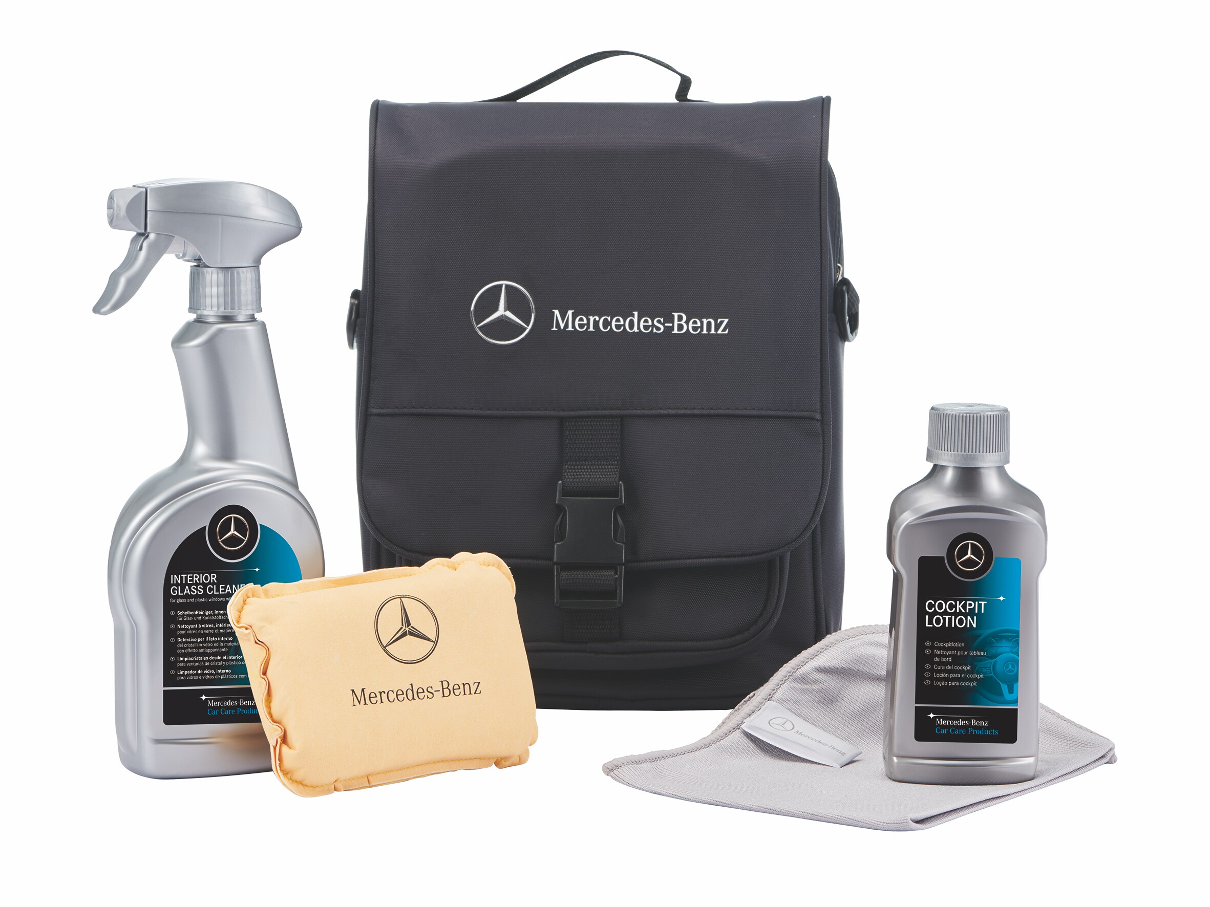 Mercedes-Benz bilvårdssats med Originalbilvårdsprodukter för interiören.