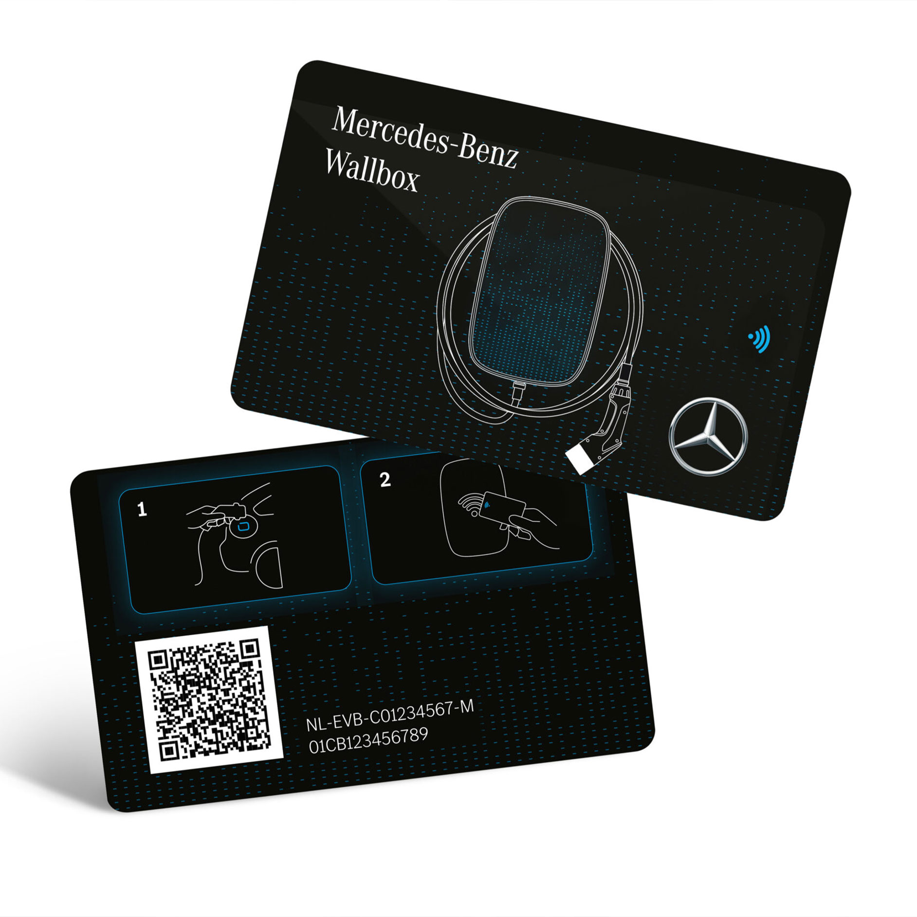 RFID | Laddning | Mercedes-Benz Ett svart Mercedes-Benz RFID-kort med tillhörande förpackning.