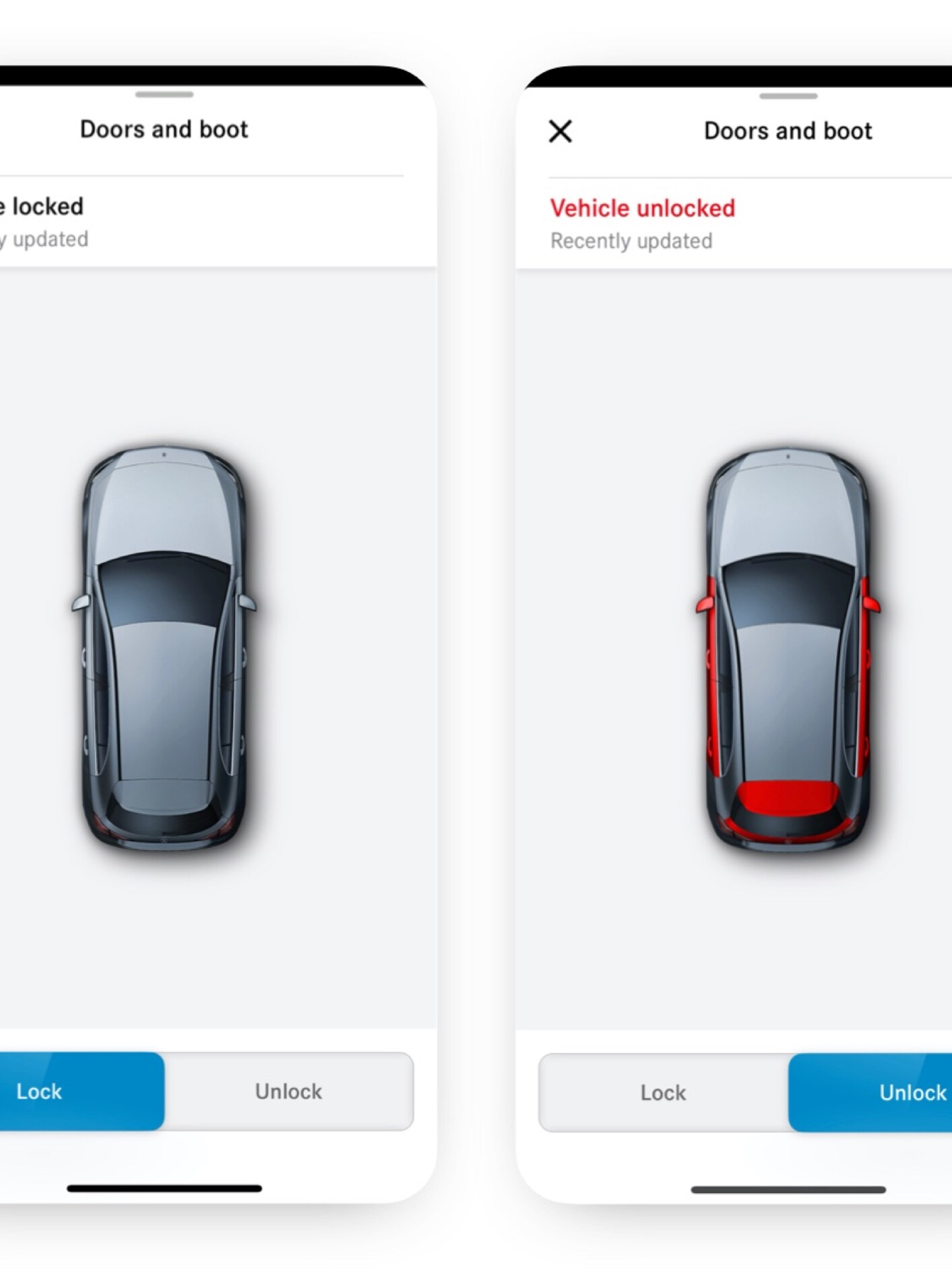 Digitala tjänsten för fjärrlåsning av bil visar varning om olåsta bildörrar.