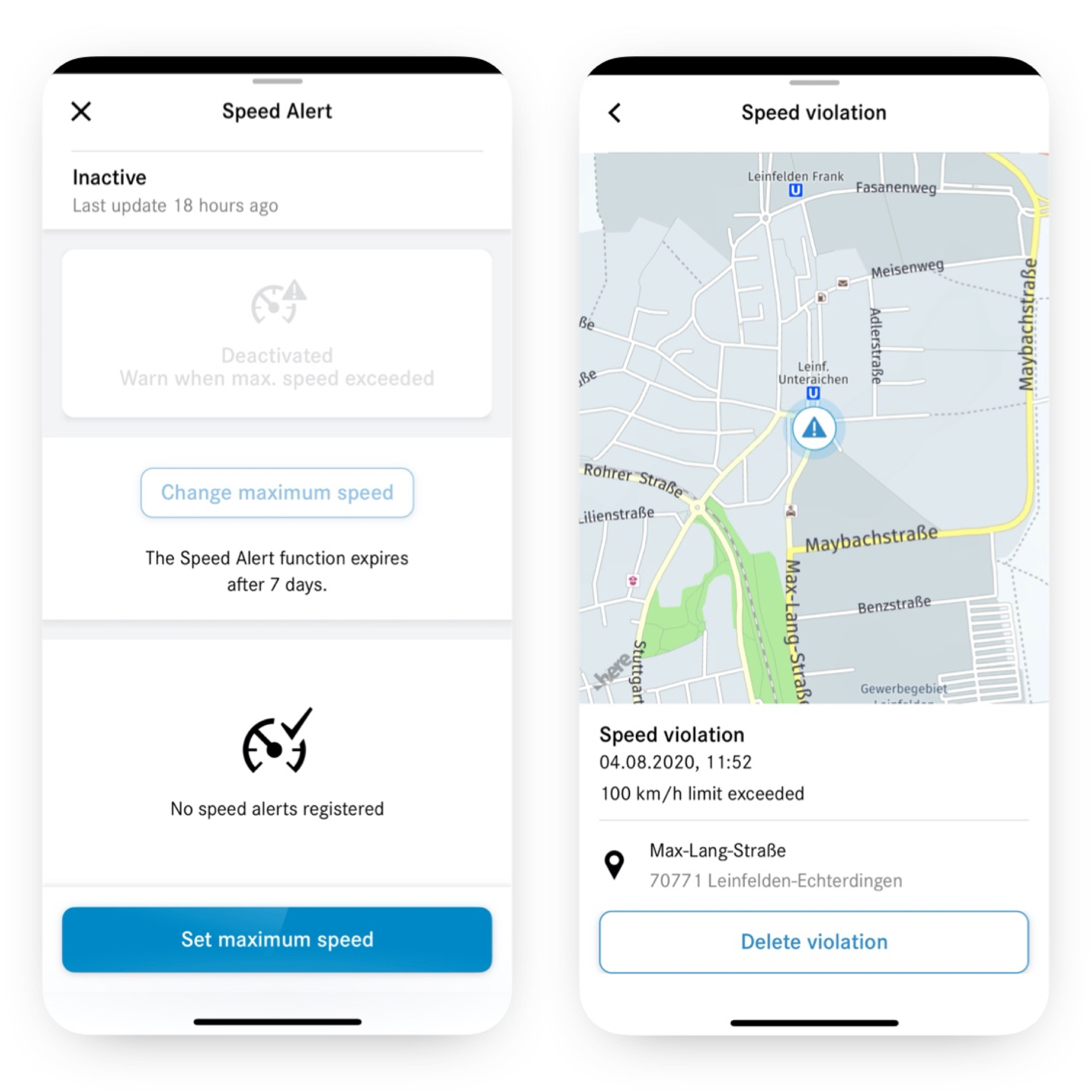 Hastighetsövervakning | Fjärrstyrning | Mercedes-Benz Smartphone visar den digitala tjänsten Hastighetsövervakning.