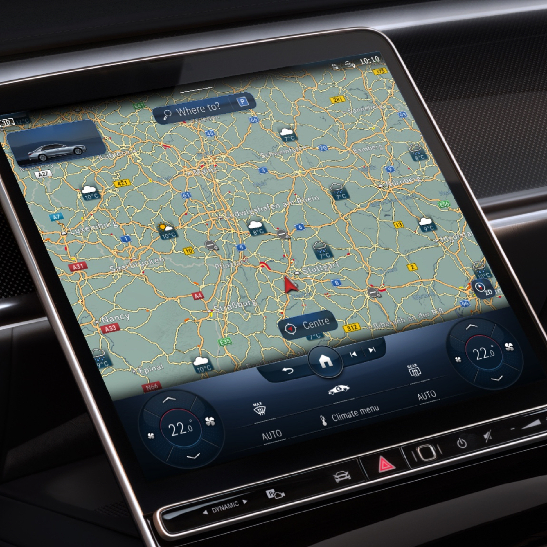Väderkarta | Navigation | Mercedes-Benz digitala tjänster Digitala tjänsten Väderkarta visar väderprognosen för destinationen på skärmen.