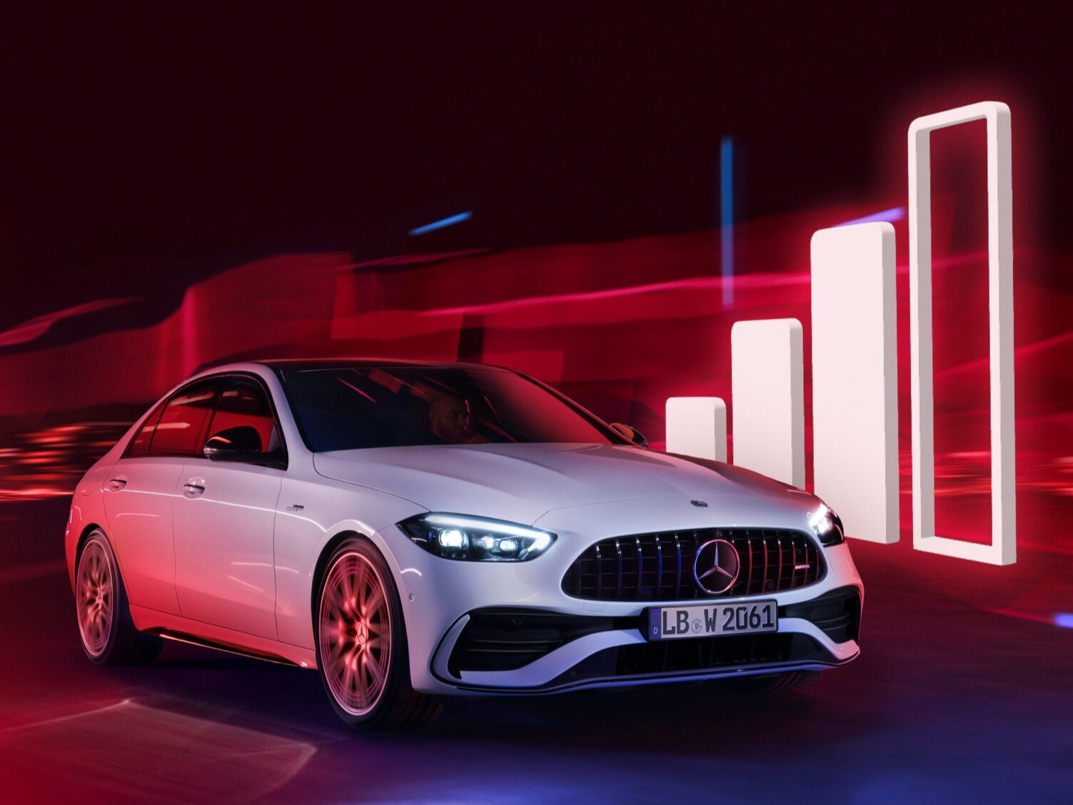 En Mercedes-Benz C-Klass kör förbi en grafisk stapel som visar mottagningen.