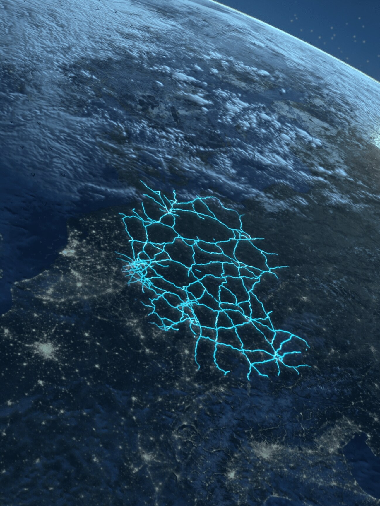 Ett utsnitt av jordgloben med en schematisk bild av vägnätet i Tyskland