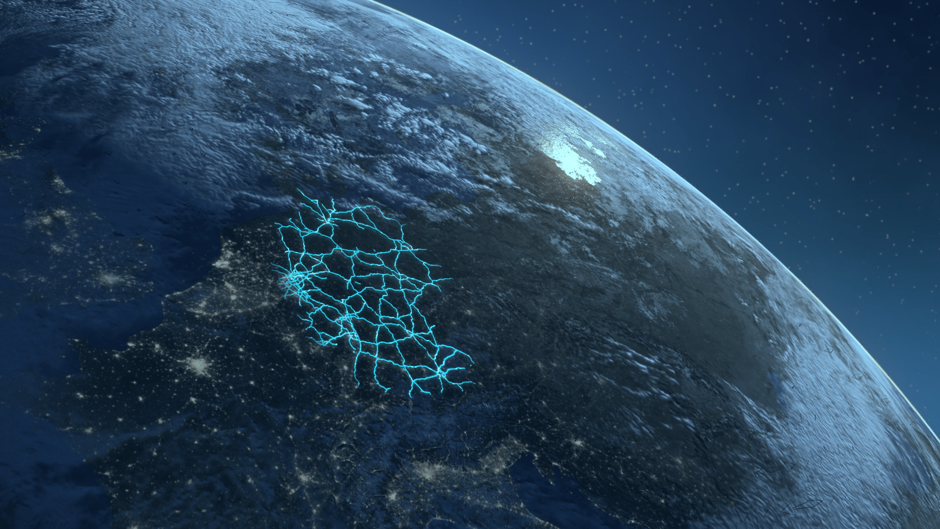 DRIVE PILOT | Mercedes-Benz Ett utsnitt av jordgloben med en schematisk bild av vägnätet i Tyskland