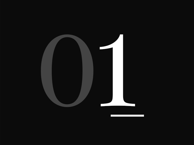Svart bakgrund med stor vit siffra "01".