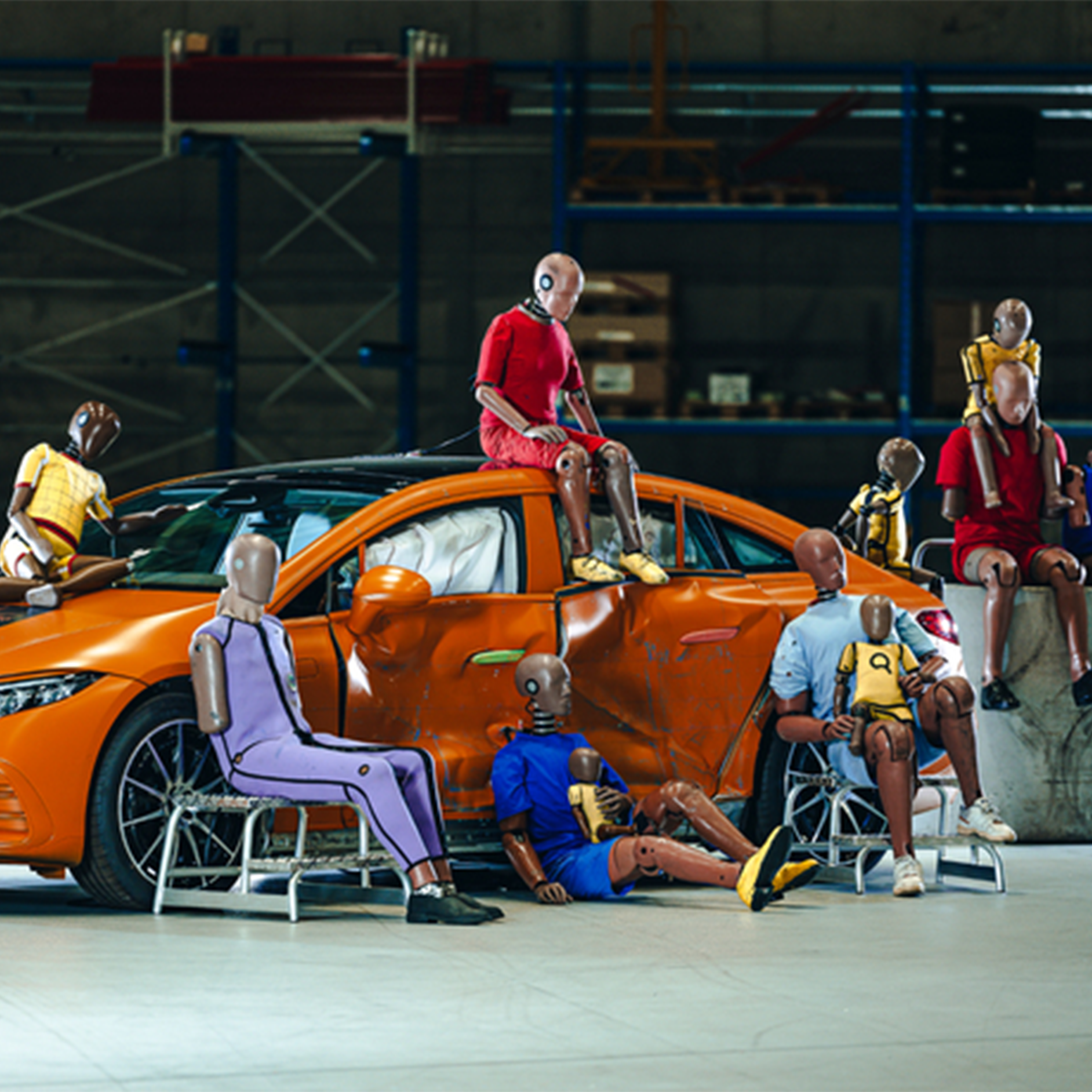 Krocktestdockor | Säkerhet | Mercedes-Benz Flera krocktestdockor sitter på och runt en Mercedes-Benz-bil.