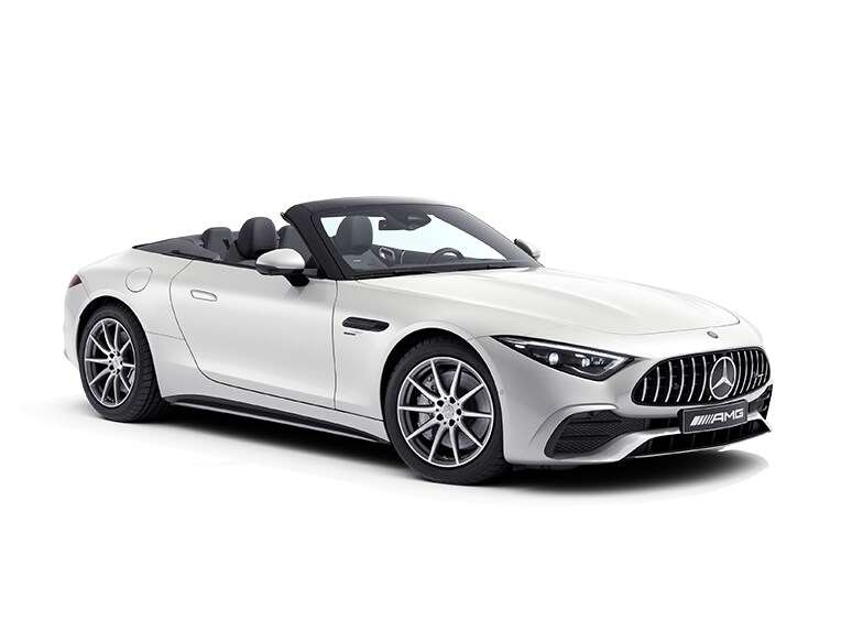 Vit Mercedes-AMG SL Roadster snett framifrån