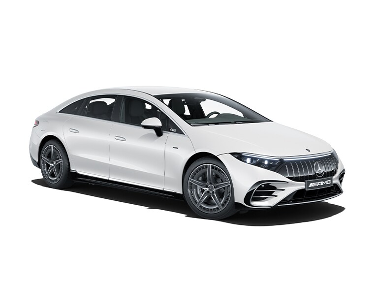 Vit Mercedes-AMG EQS Sedan snett framifrån