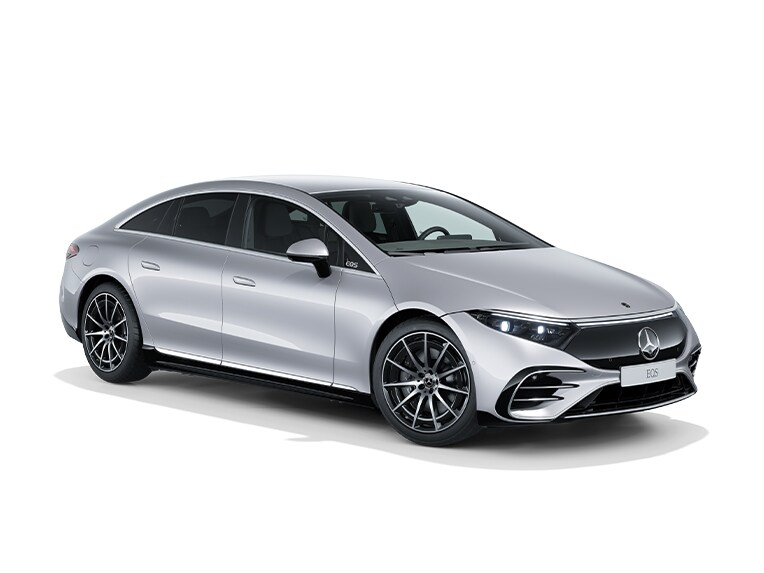 Grå Mercedes-Benz EQS Sedan snett framifrån
