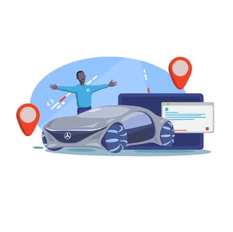 Sekretesspolicy | Mercedes-Benz Illustration av man framför Mercedes-Benz bil med uppdaterade funktioner