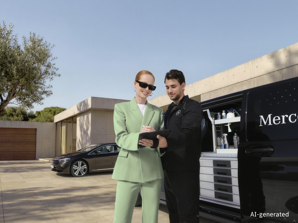 Mercedes-Benz mobila service – motorkontroll En tekniker från Mercedes-Benz mobila service går igenom digitala dokument med en kund i en fullt utrustad skåpbil för mobil service. En Mercedes-Benz-bil är parkerad i bakgrunden utanför ett modernt hus.