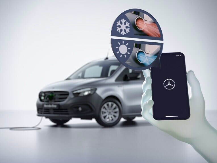 Illustration av mobiltelefon som kontrollerar förkonditionering i en transportbil