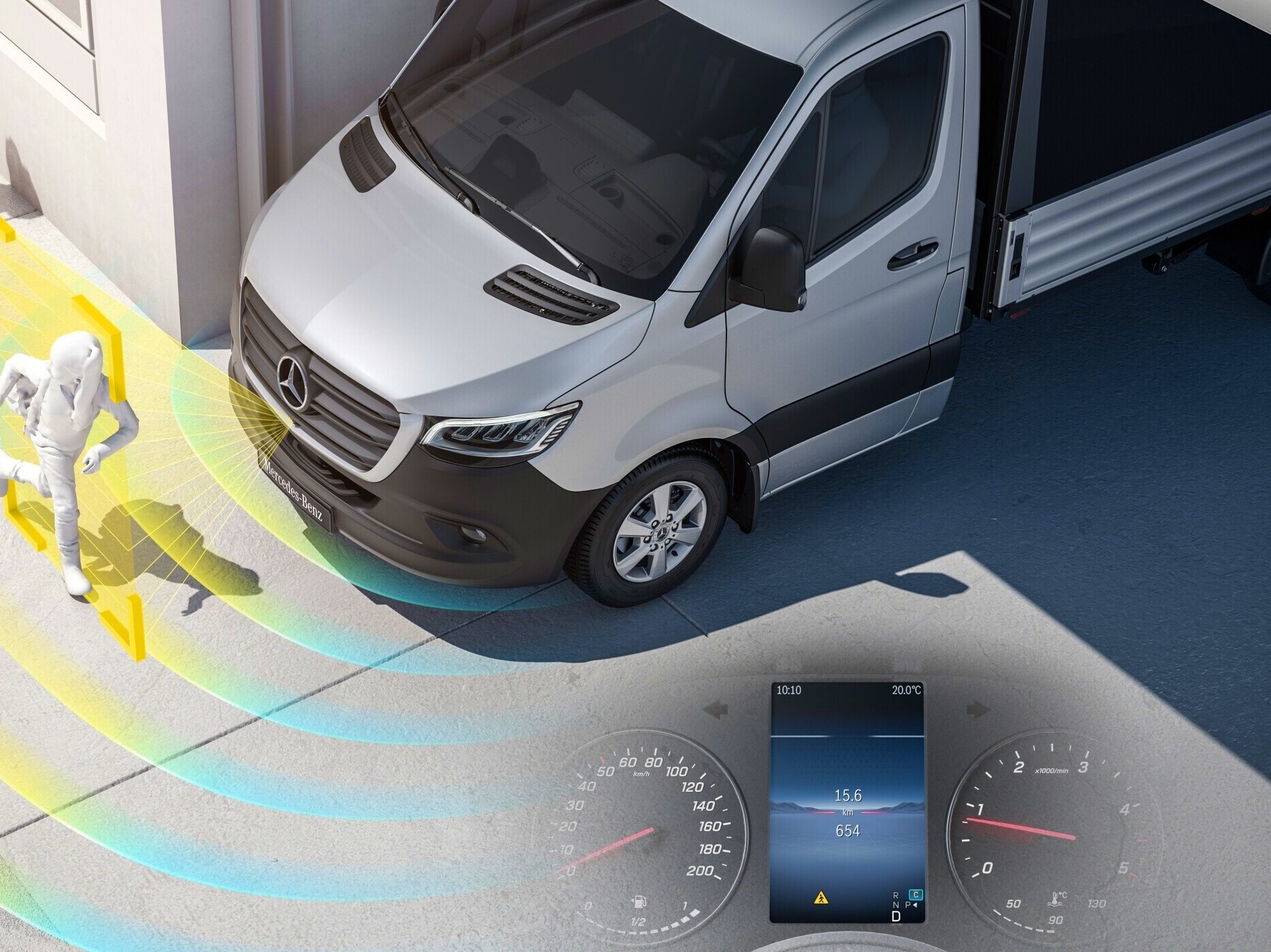 Moving-off Information System (MOIS) i Mercedes-Benz eSprinter Flakbil.