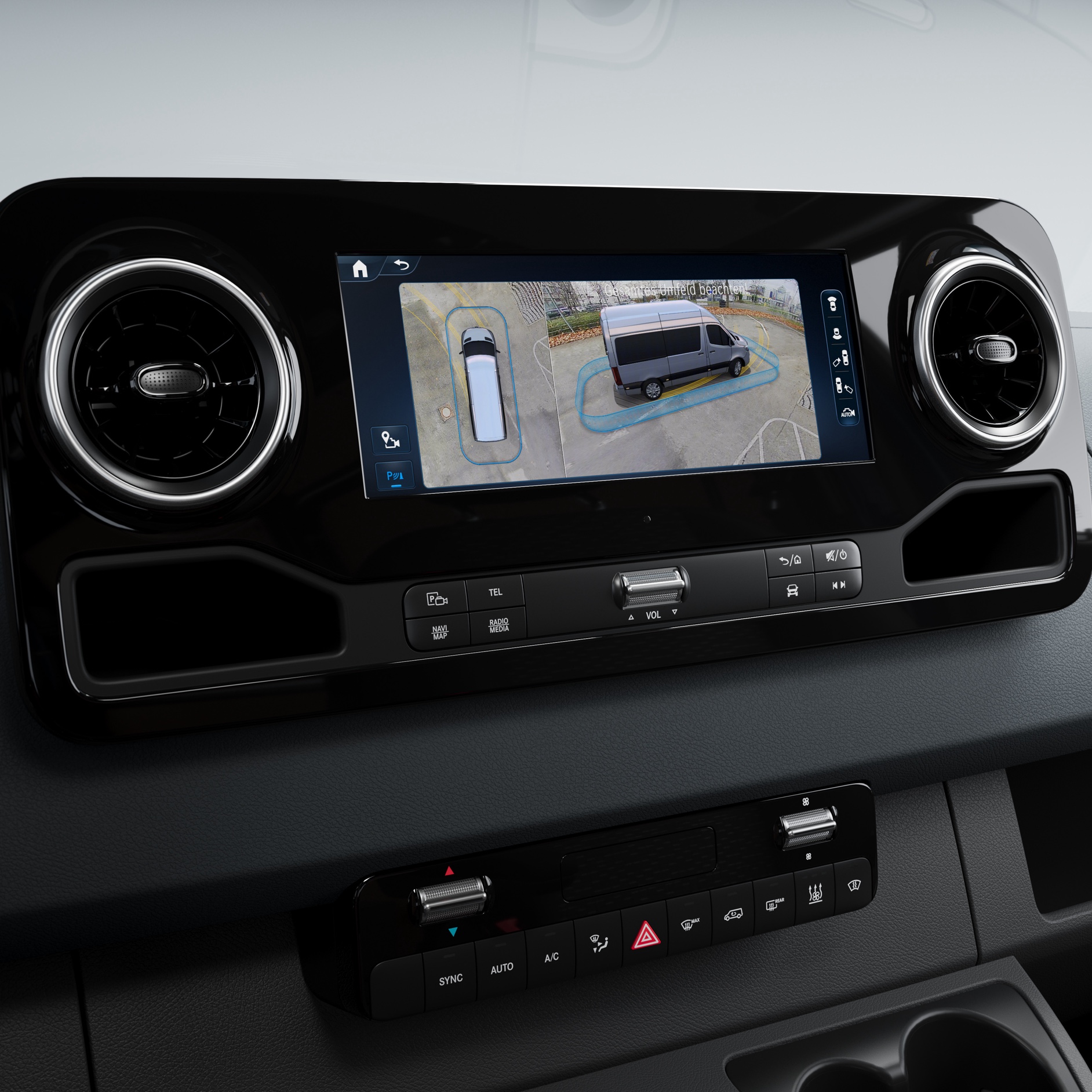 Fordonsegenskaper | Sprinter och eSprinter | Mercedes-Benz Transportbilar Visning av 360°-surroundvy i parkeringspaketet till Mercedes-Benz Sprinter