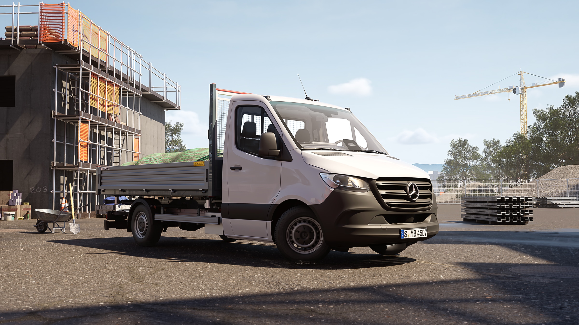 Sprinter flakbilar | Allt om Sprinter | Mercedes-Benz transportbilar Sprinter flakbil på en byggarbetsplats