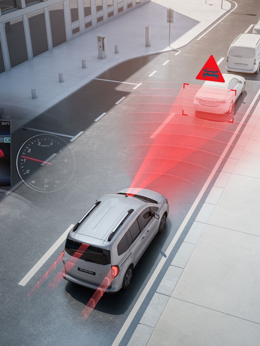 Körhjälpssystem visualiserat i trafiken med Mercedes-Benz Citan skåpbil