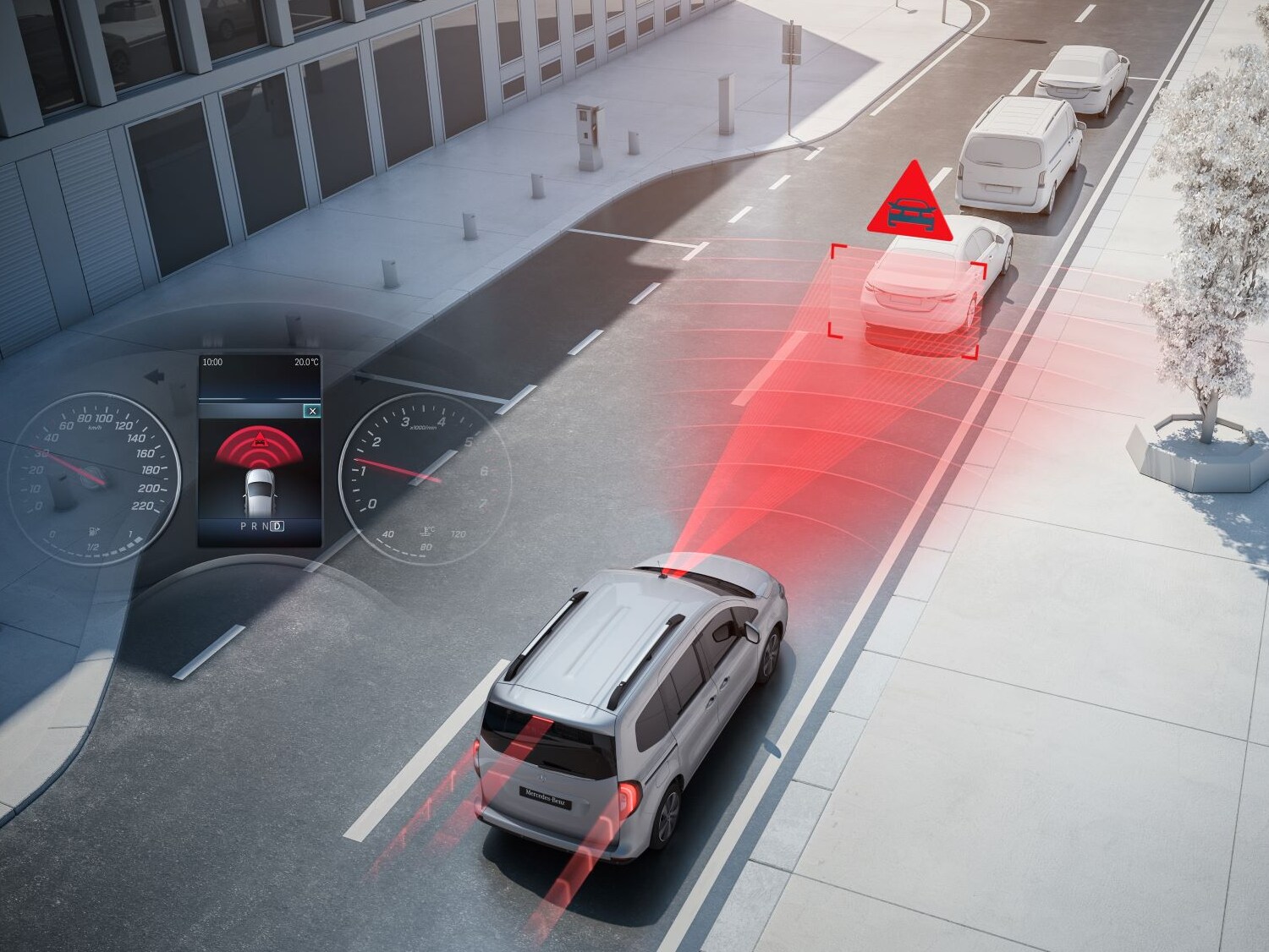 Körhjälpssystem visualiserat i trafiken med Mercedes-Benz Citan skåpbil