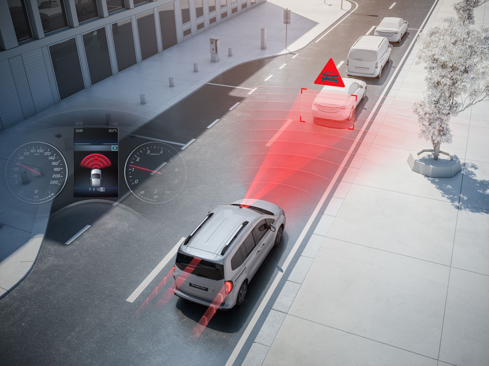 Körhjälpssystem | Citan Skåpbil | Mercedes-Benz Transportbilar Körhjälpssystem visualiserat i trafiken med Mercedes-Benz Citan Skåpbil.
