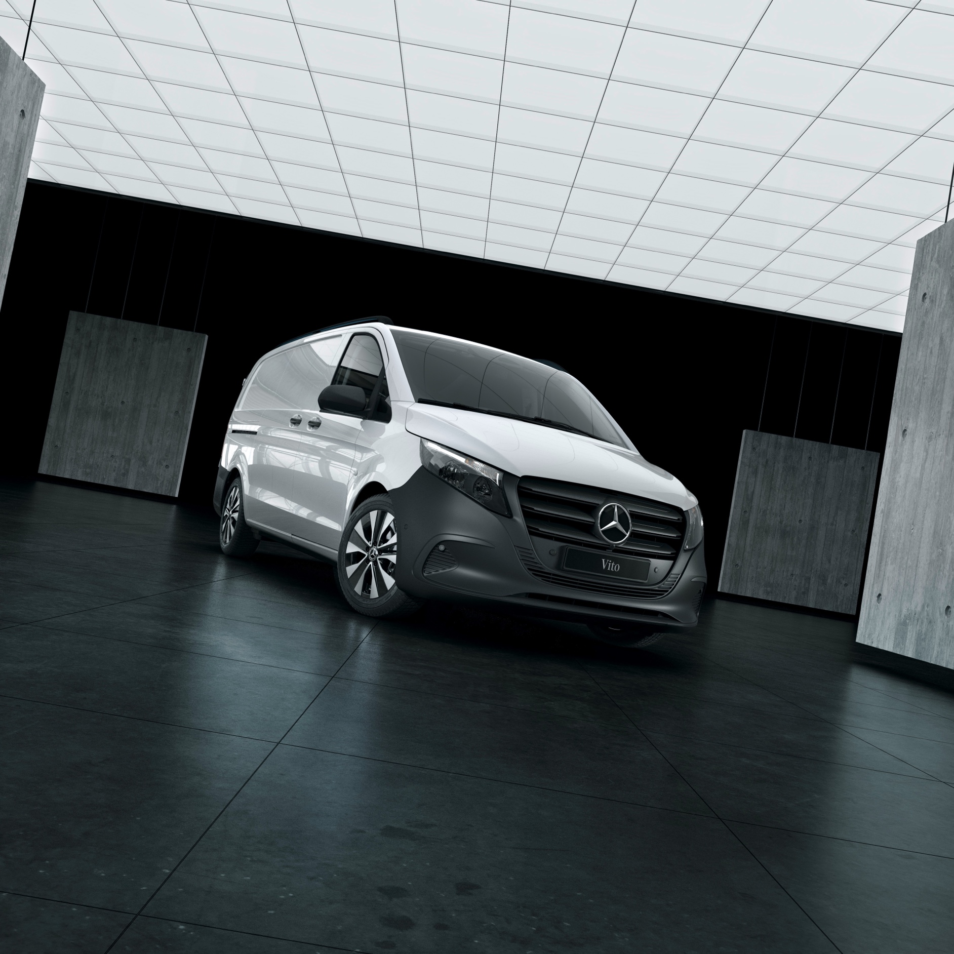 Säkerhet och stöd | Mercedes-Benz Transportbilar Mercedes-Benz Vito Skåpbil står i en lagerlokal omgiven av betongväggar