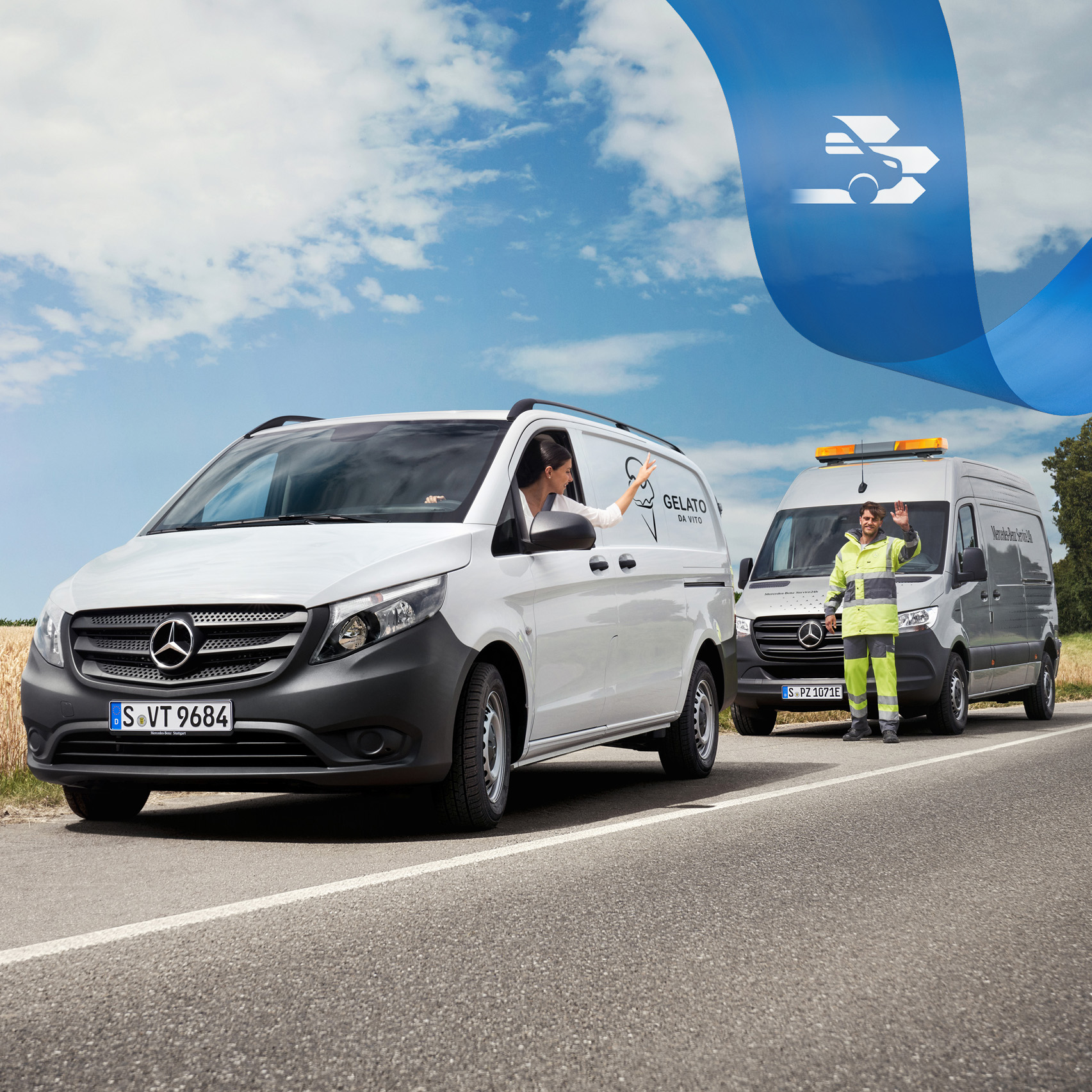 Mercedes-Benz | Van Care | Service24h Mercedes-Benz Service hjälper transportbilsföraren vid sidan av vägen.