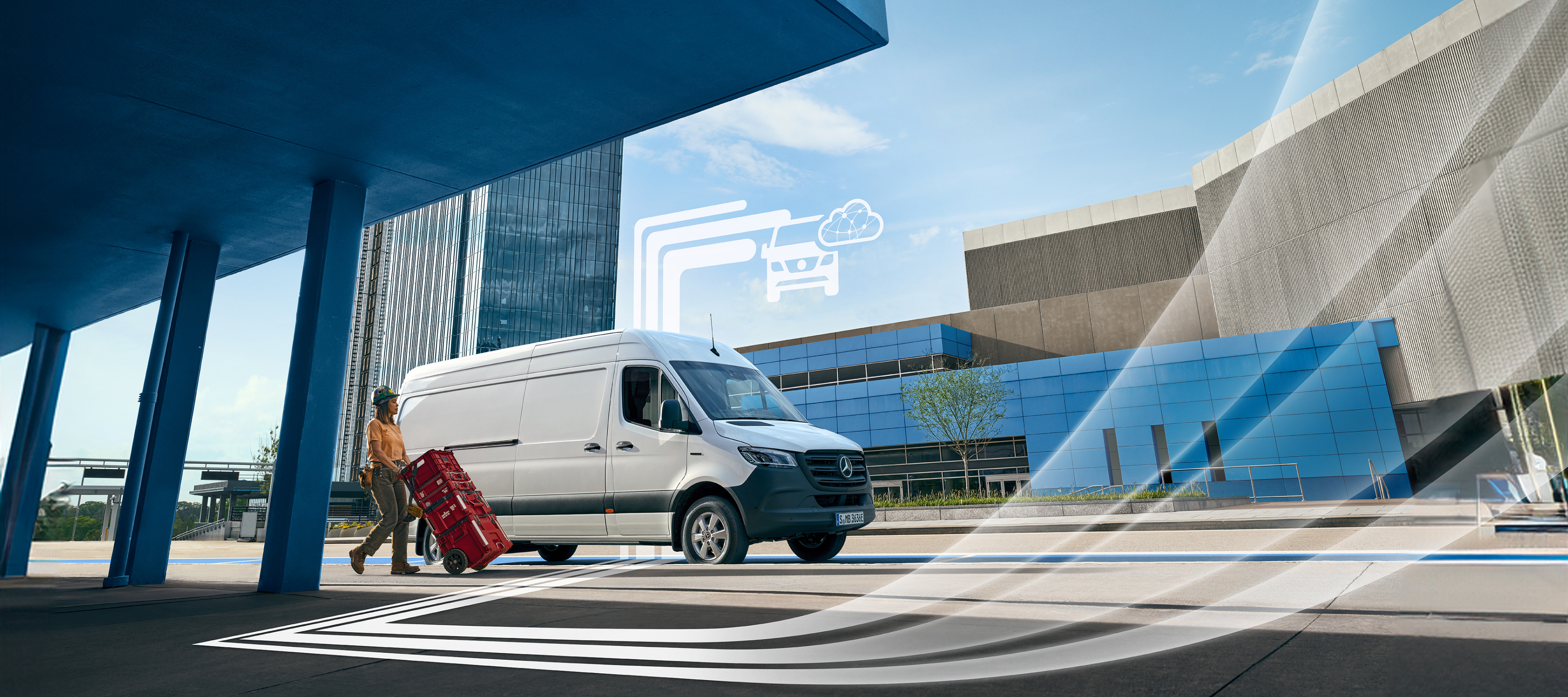 Ytterligare digitala tjänster | Mercedes-Benz Transportbilar Mercedes-Benz Transportbil med grafiska element för digitala tjänster