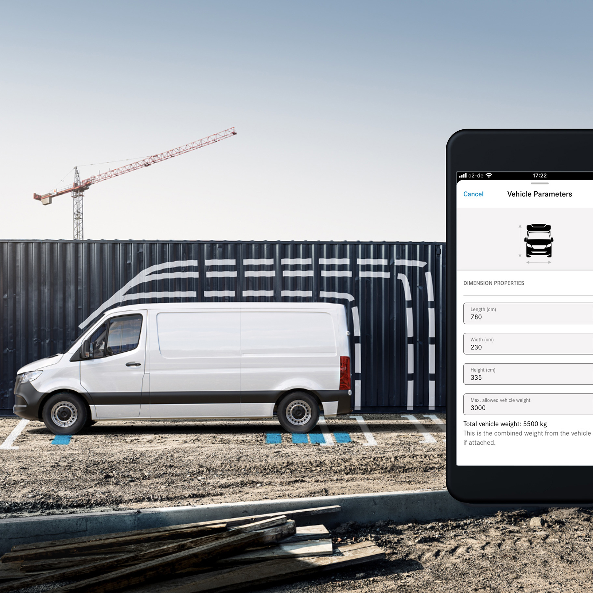 Digitala tjänster | Mercedes-Benz Visning av bilens mått i Mercedes-Benz App på en smartphone.