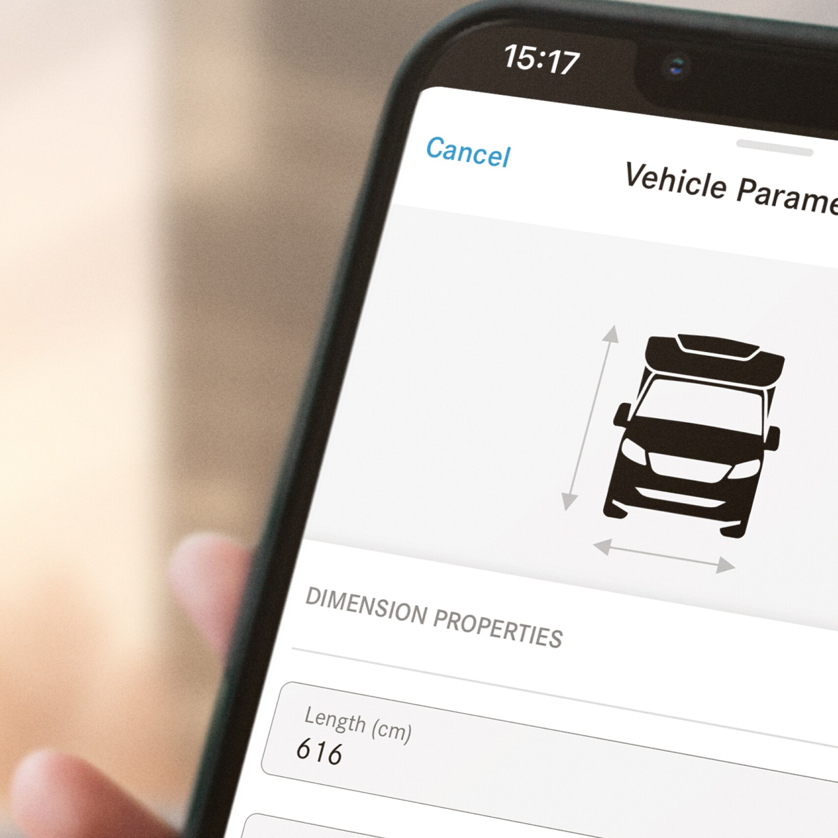Visning av skåpbilens mått i Mercedes-Benz appen på smartphone.