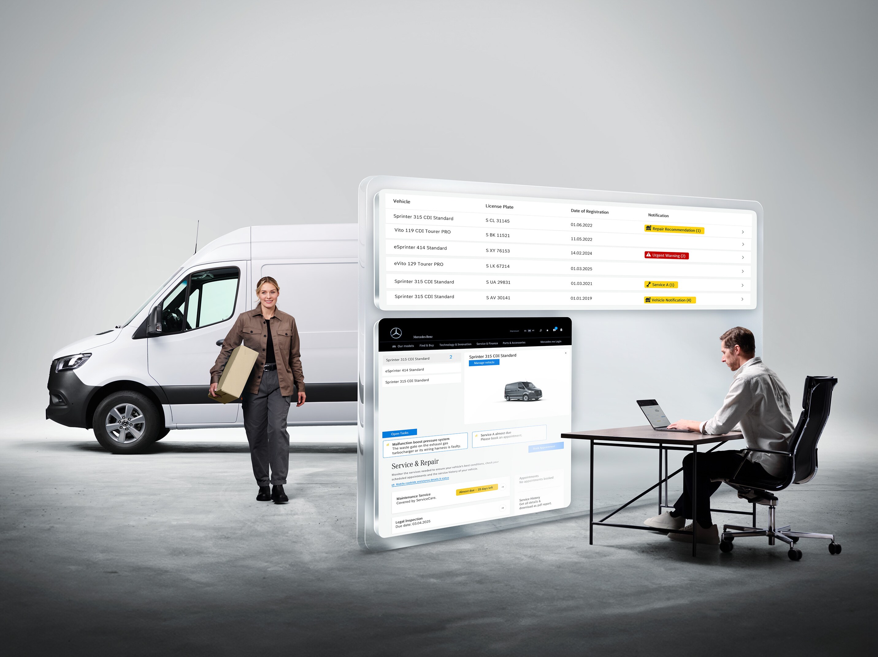 Stora datorskärmar visar övervakningen via Mercedes-Benz Van Uptime.