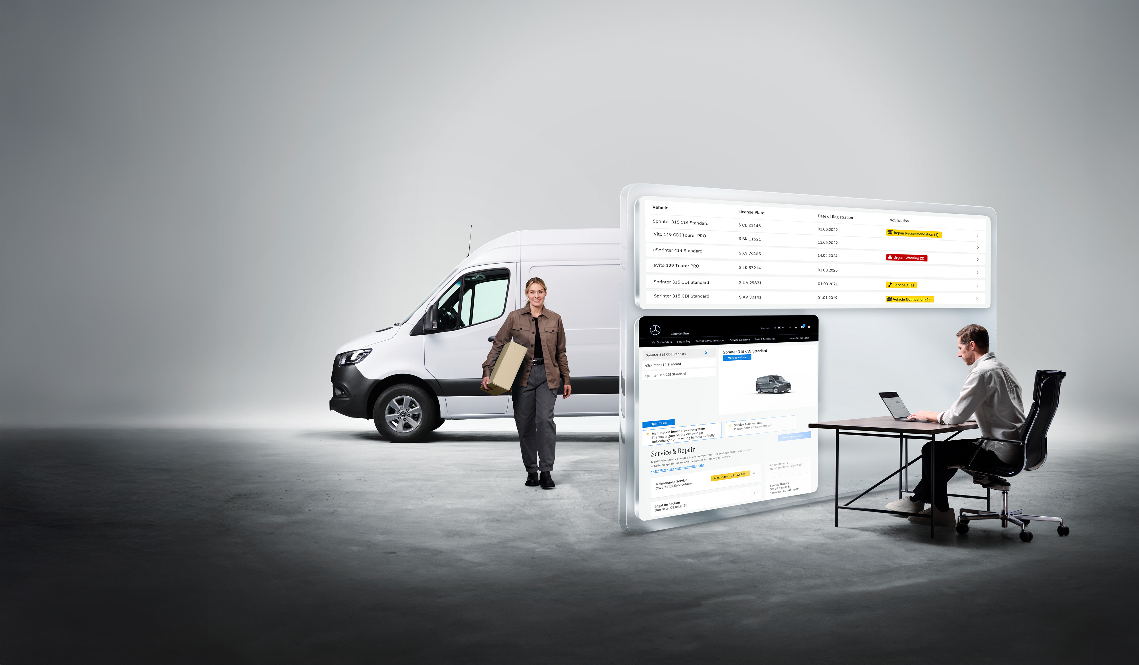 Mercedes-Benz | Vagnparkstjänster för transportbilar | Uptime montior Stora datorskärmar visar övervakningen via Mercedes-Benz Van Uptime.
