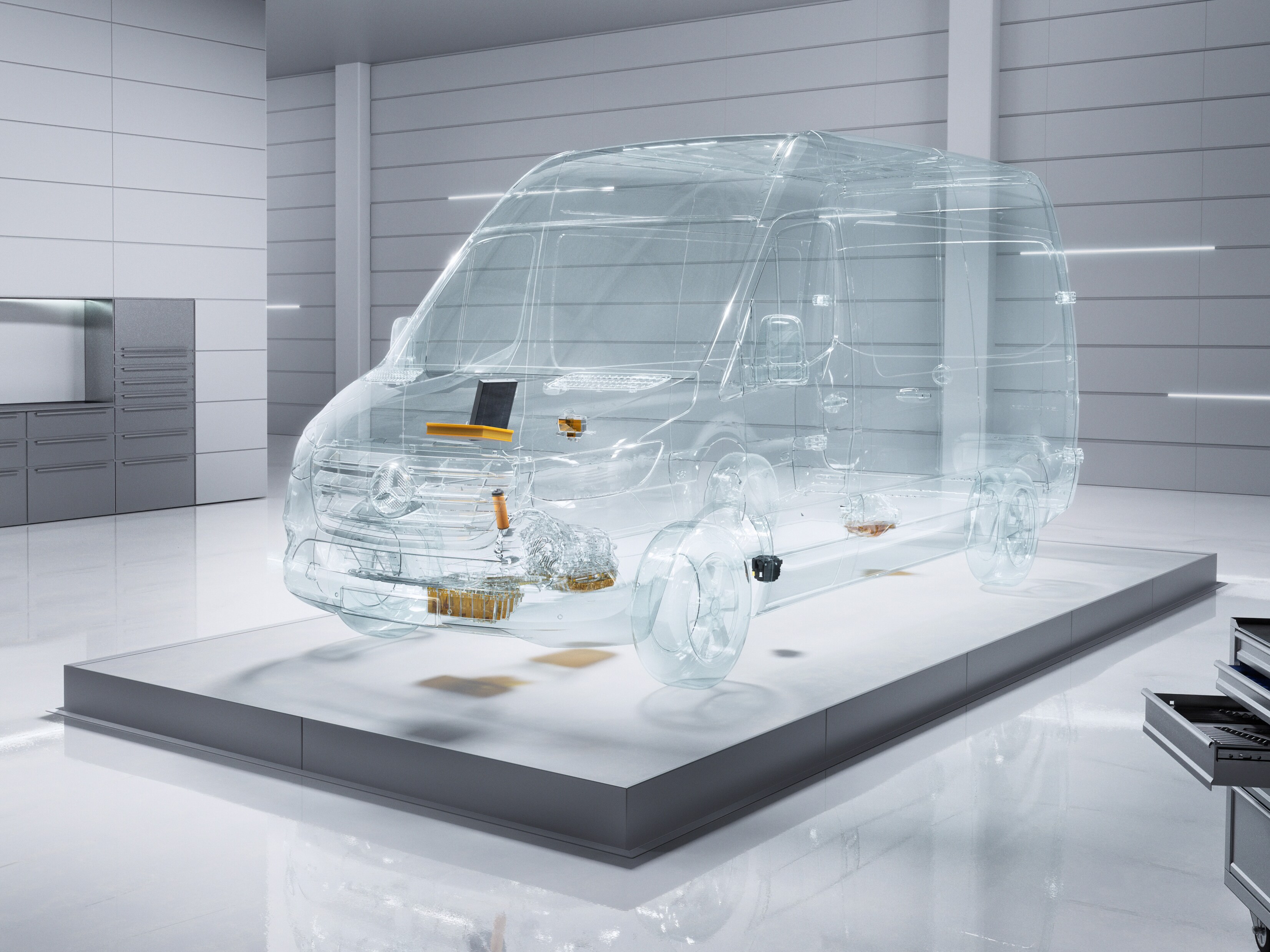 En virtuell transparent Mercedes-Benz Sprinter i verkstadsmiljö.