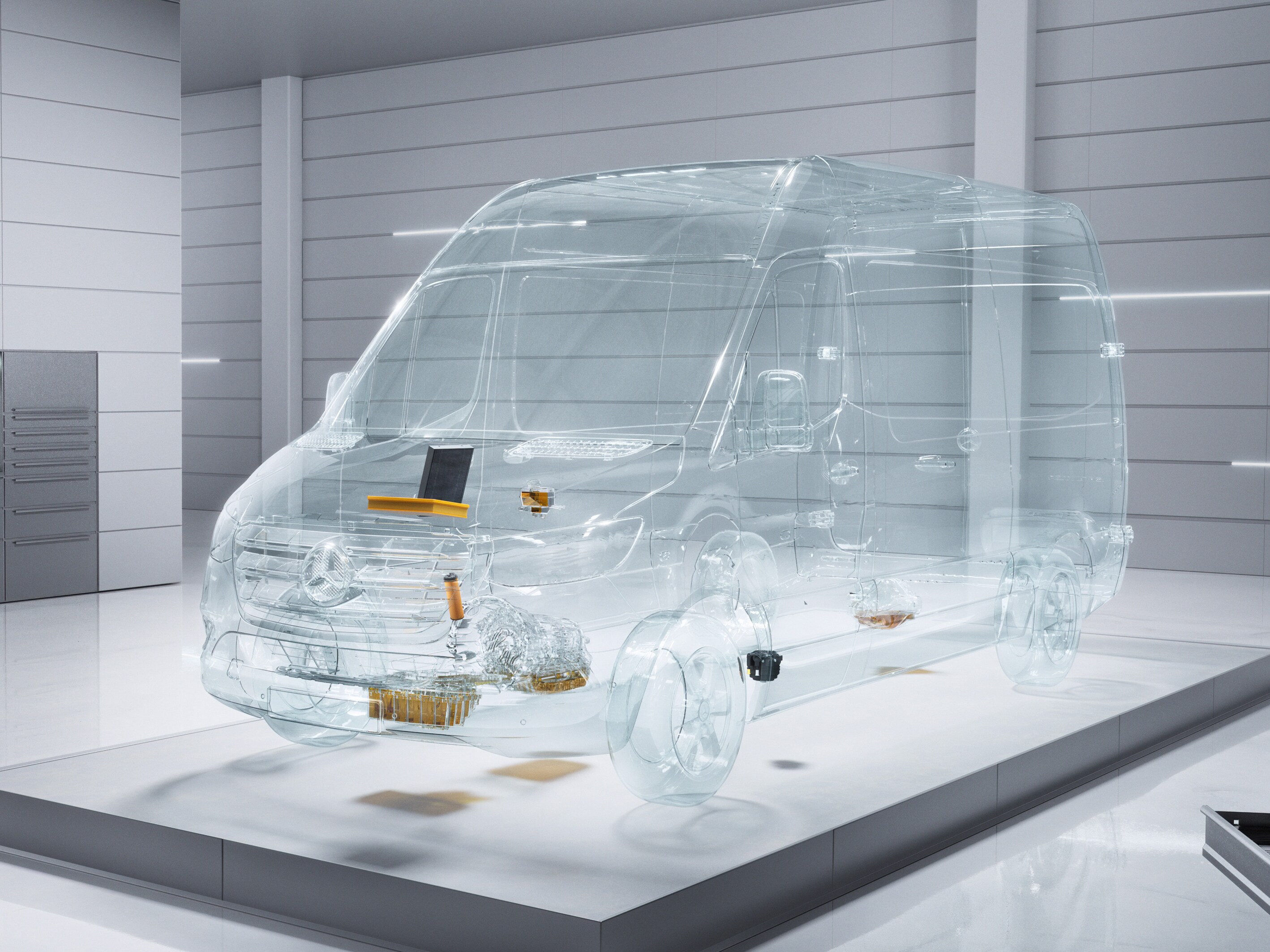 En virtuell transparent Mercedes-Benz Sprinter transportbil i verkstadsmiljö.