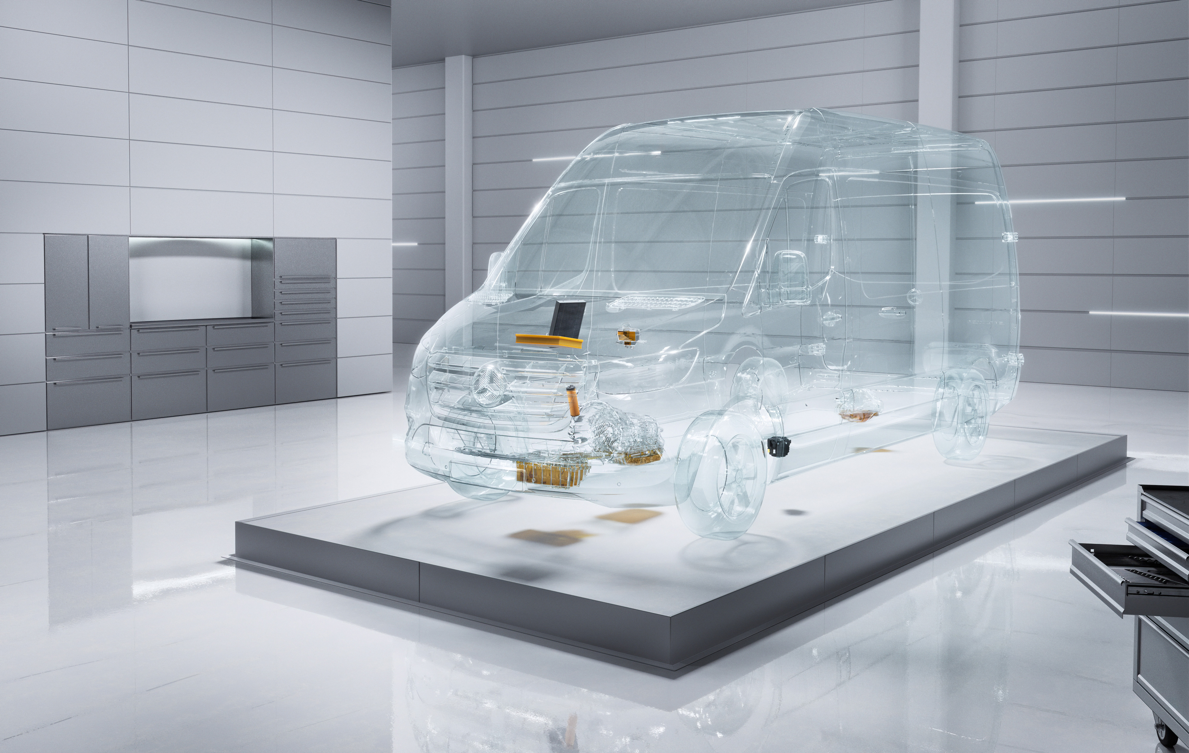 Mercedes-Benz | Van ServiceCare | Optimalt servad En virtuell transparent Mercedes-Benz Sprinter transportbil i verkstadsmiljö.