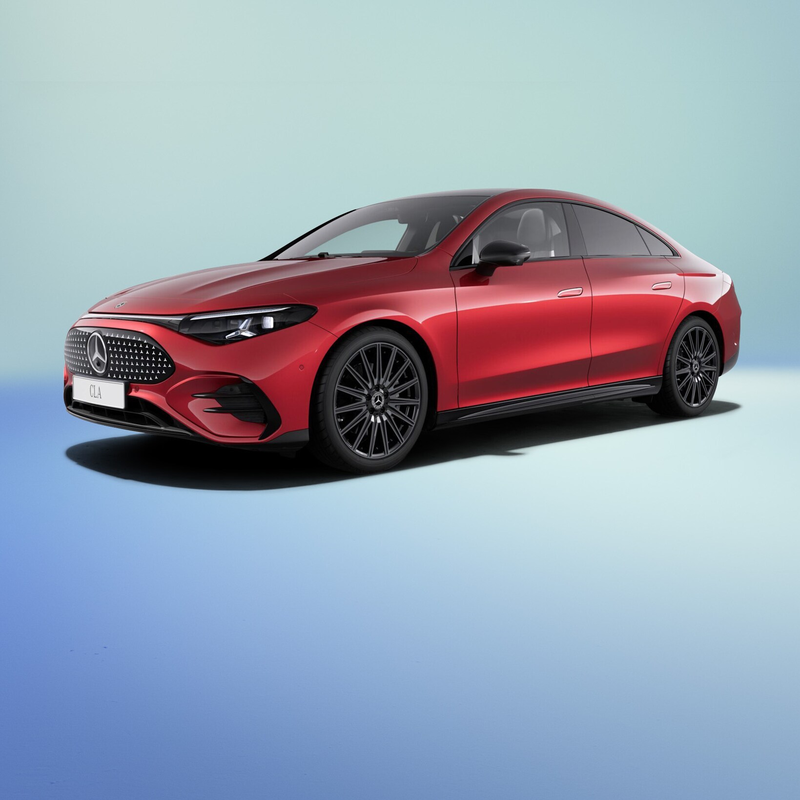 Röd Mercedes-Benz CLA with EQ Technology på ljusblå bakgrund