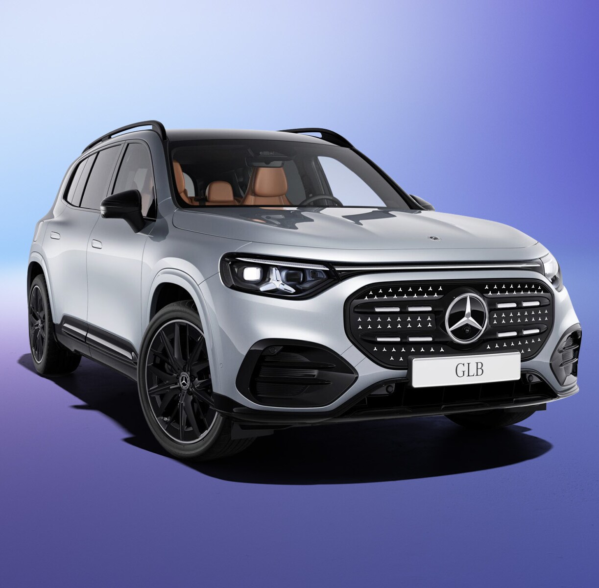 Elbil Mercedes-Benz GLB mot en färgad bakgrund.
