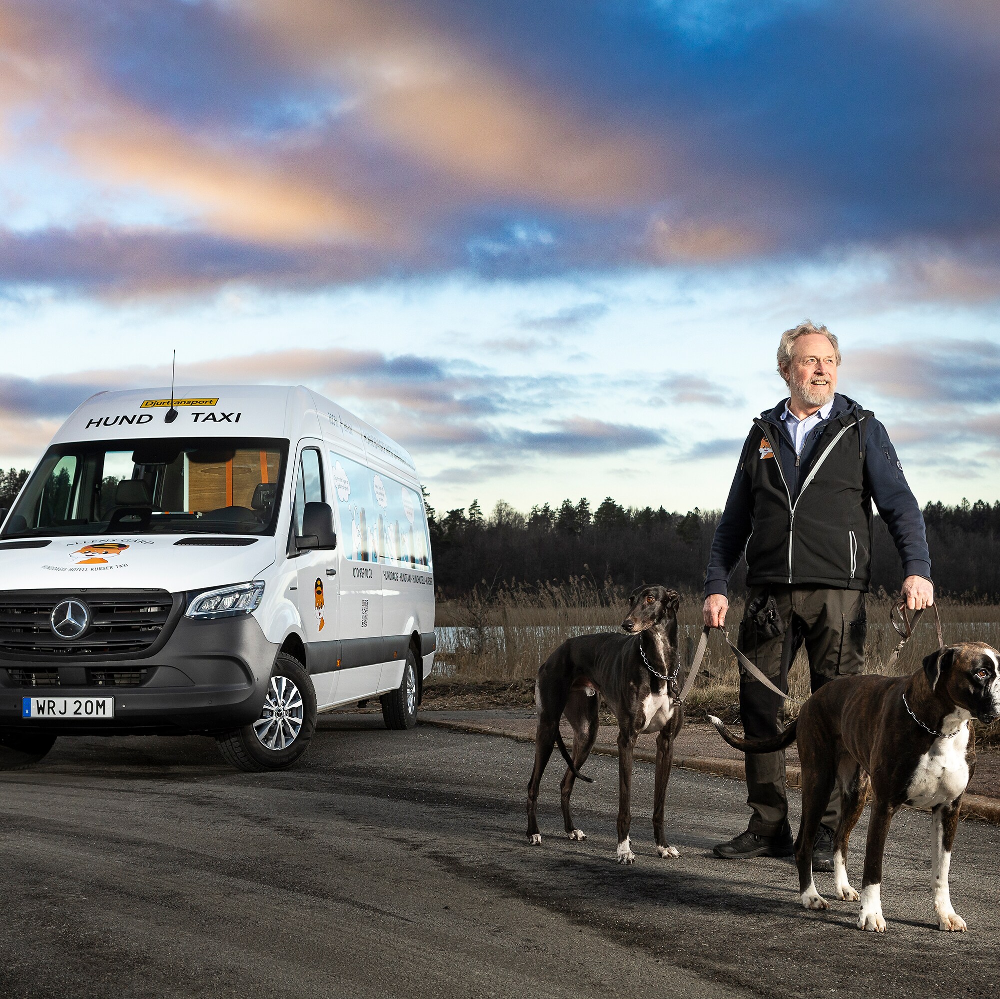 Eldrivna eSprinter från Mercedes-Benz står tillsammans med Alléns Gård hundtaxi