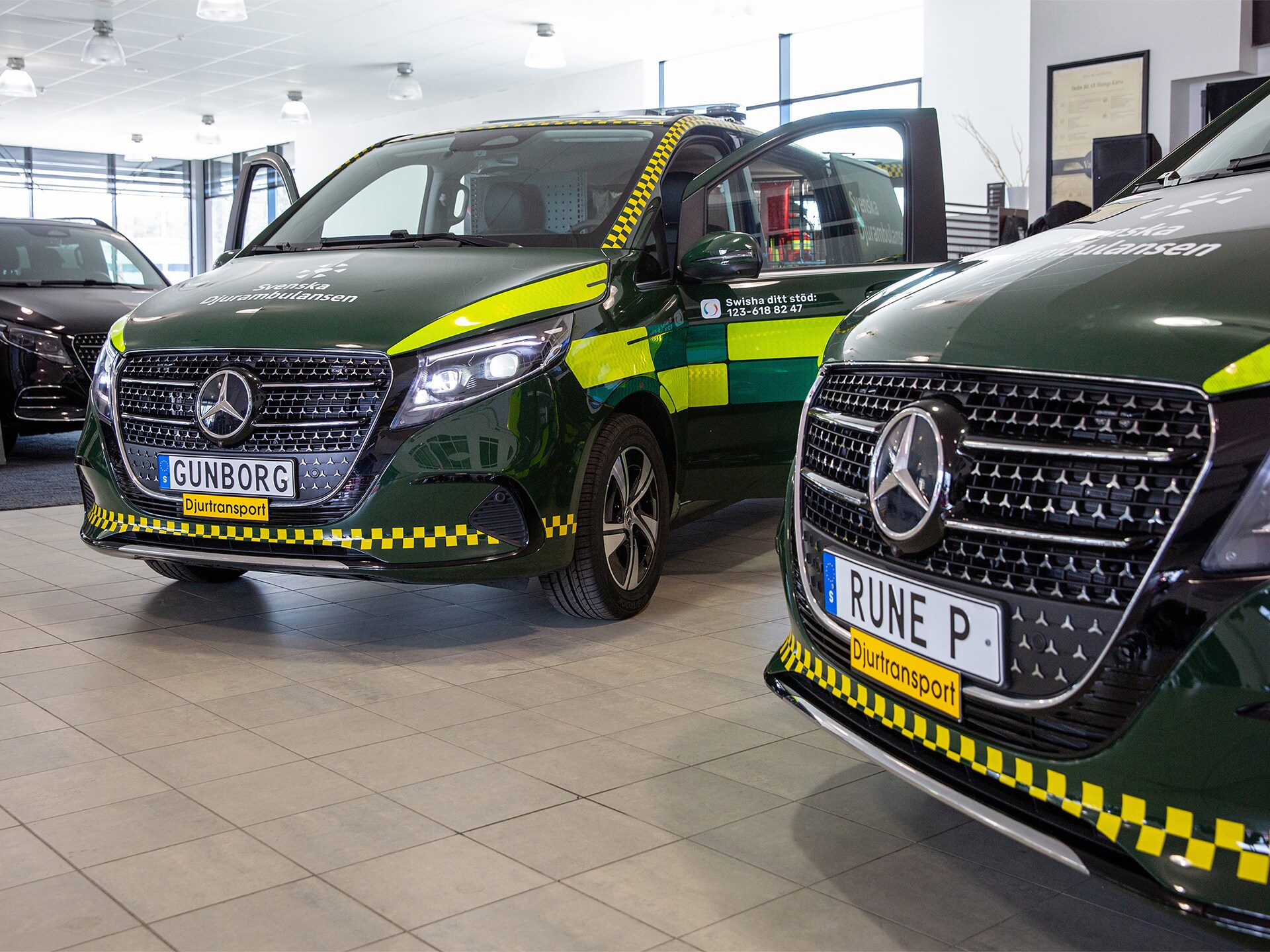 Två gröna Mercedes-bilar i en bilhall, en med öppen dörr.