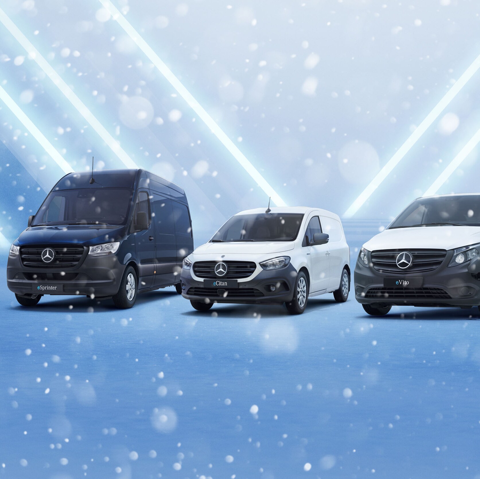 Mercedes-Benz eSprinter, eCitan och eVito sida vid sida i lätt snöväder