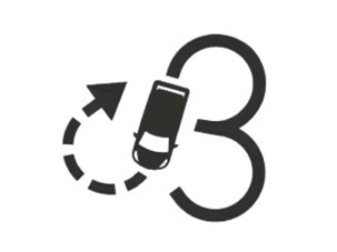 Svart ikon av bil som gör automatisk parkering med 3-punkts vändmönster